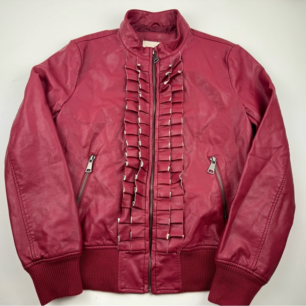 Evy's Tree Red Moto faux leather jacket size small The Zoe ruffle‎ trim flanking